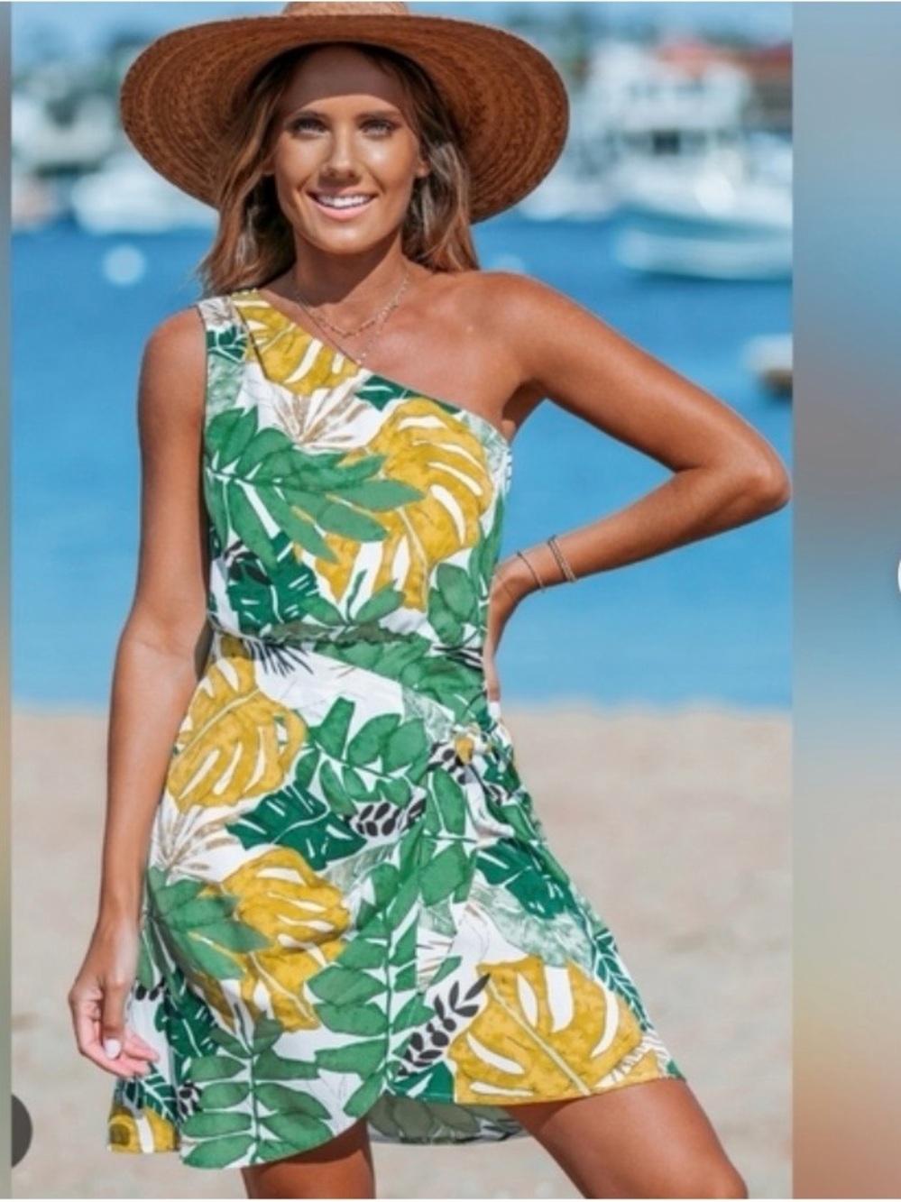 #567  Cupshe NWT One-Shoulder Tropical Leaf Print Dress - Green & Yellow